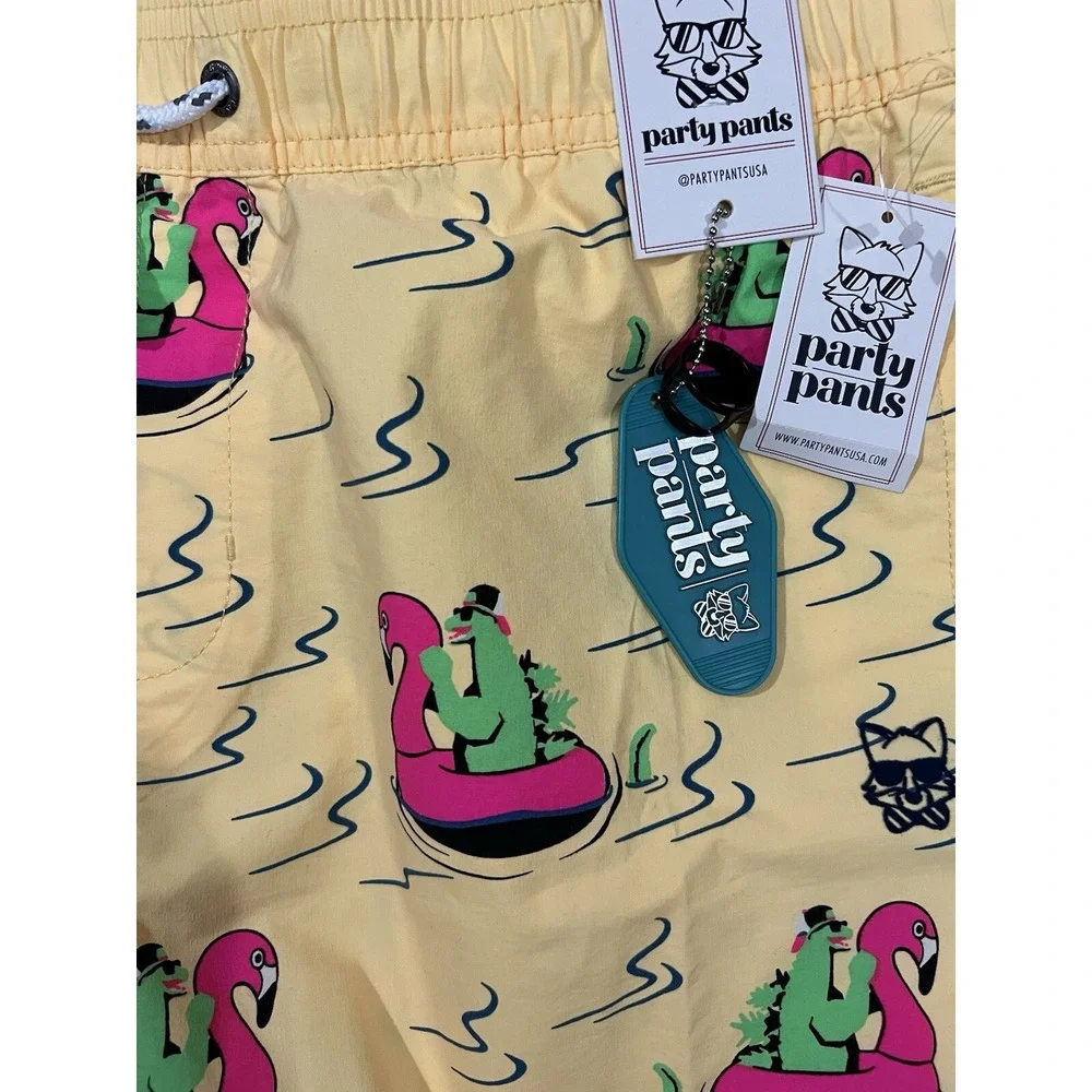 PARTY PANTS River Dino Short Stretch Men's Trunks Yellow NWT LARGE